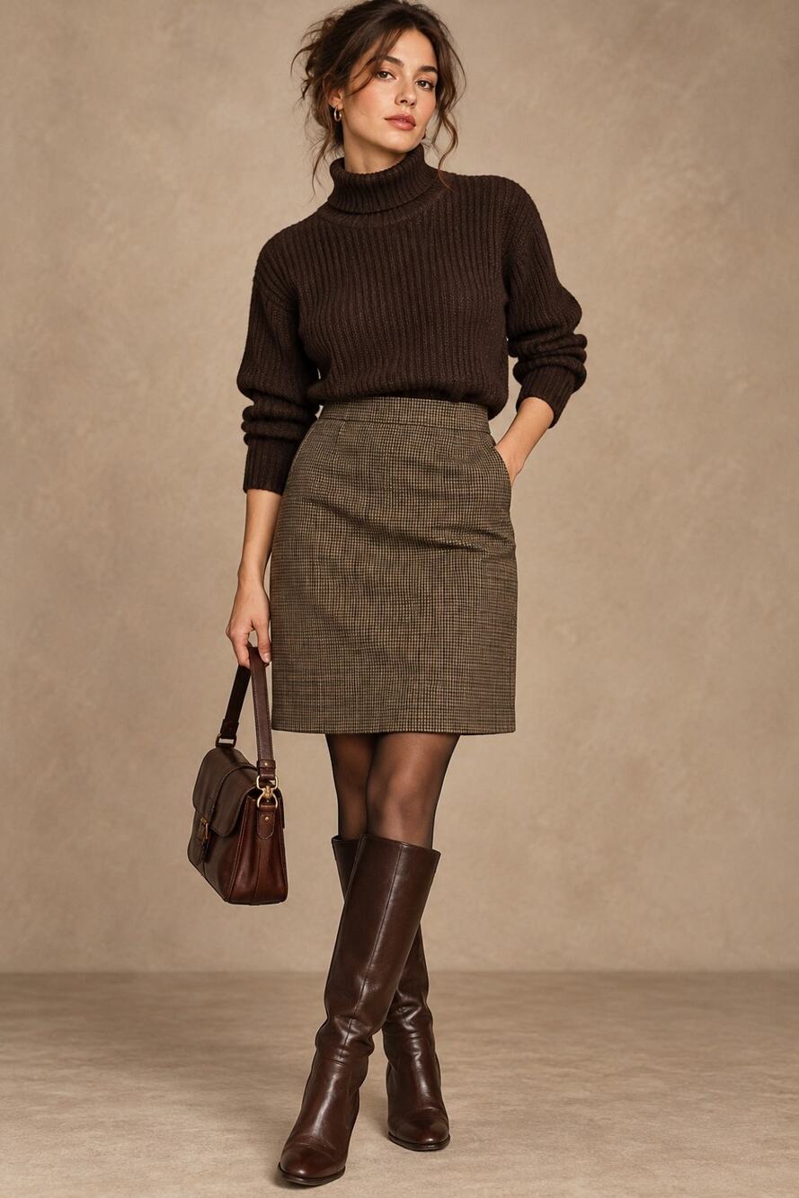 Vintage BRIGGS High Waist Brown Houndstooth Plaid Mini Skirt Sz 12 Dark Academia